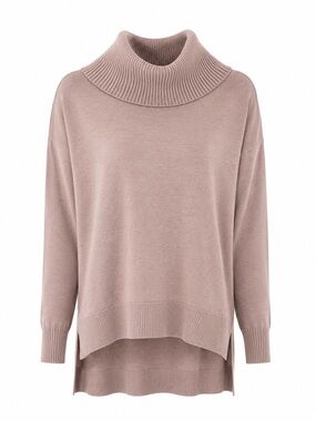 LOFT Blush Pink Cowl Neck Tunic Sweater High Low Hem Ribbed Knit Soft Medium